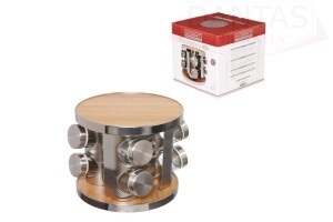 CJ 8 PORTAS CONDIMENTOS INOX VIDRO E MDF COM SUPORTE GIRATORIO QUADRADO