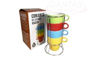 Jogo de Caneca com Suporte 04 Peças de Porcelana